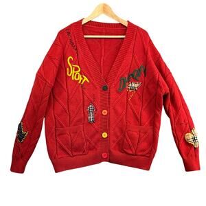 Ebossy Red Knit Embroidered Sport Dream Button Cardigan Sweater Women XXL